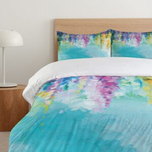 Ambesonne Flower Duvet Cover Set, Abstract Ivy Romantic and Landscape Spring Floral Art Nature Theme, Decorative 3 Piece Bedding Set with 2 Pillow Shams, King Size, Turquoise Purple