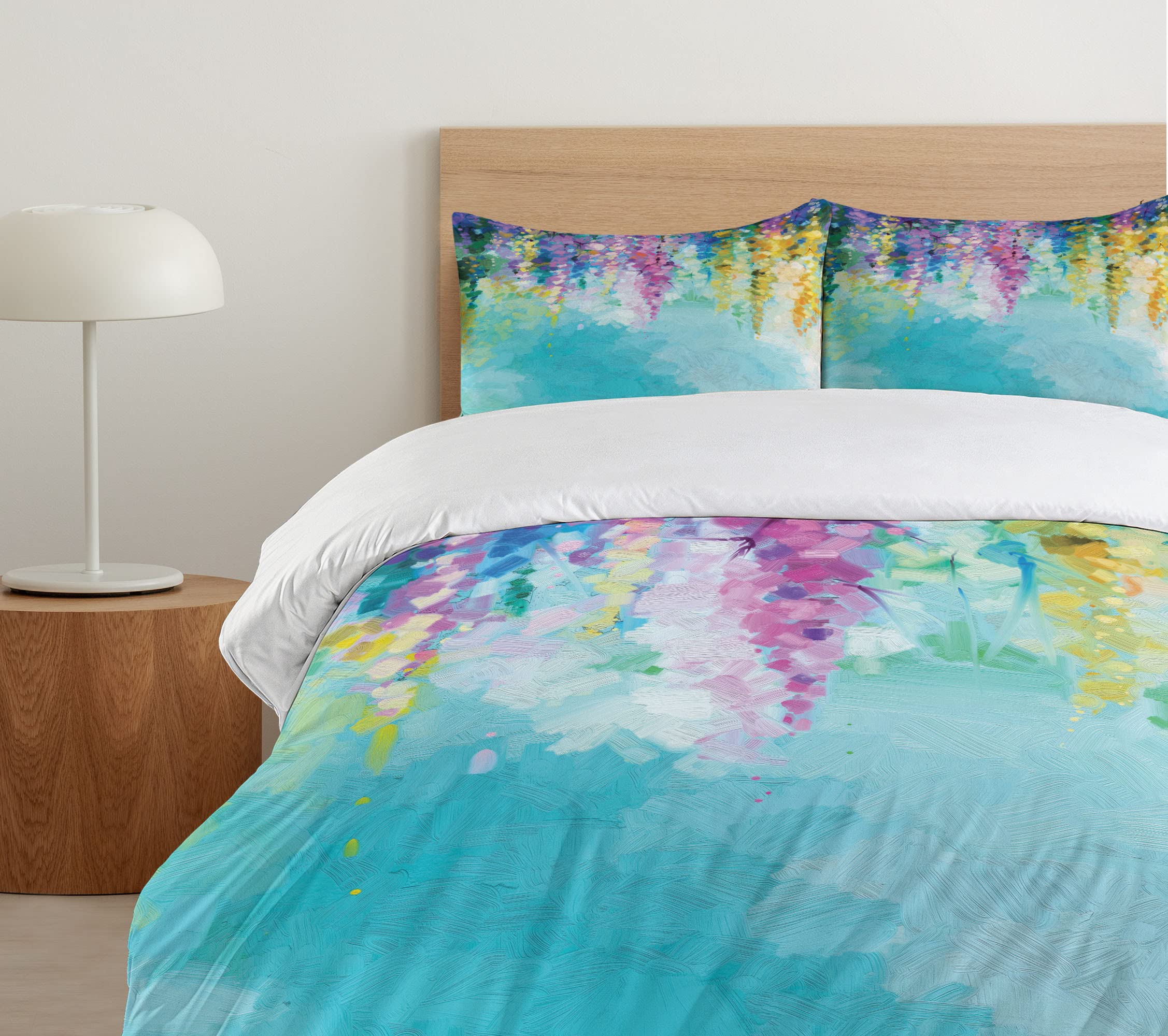 Ambesonne Flower Duvet Cover Set, Abstract Ivy Romantic and Landscape Spring Floral Art Nature Theme, Decorative 3 Piece Bedding Set with 2 Pillow Shams, King Size, Turquoise Purple