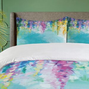 Ambesonne Flower Duvet Cover Set, Abstract Ivy Romantic and Landscape Spring Floral Art Nature Theme, Decorative 3 Piece Bedding Set with 2 Pillow Shams, King Size, Turquoise Purple