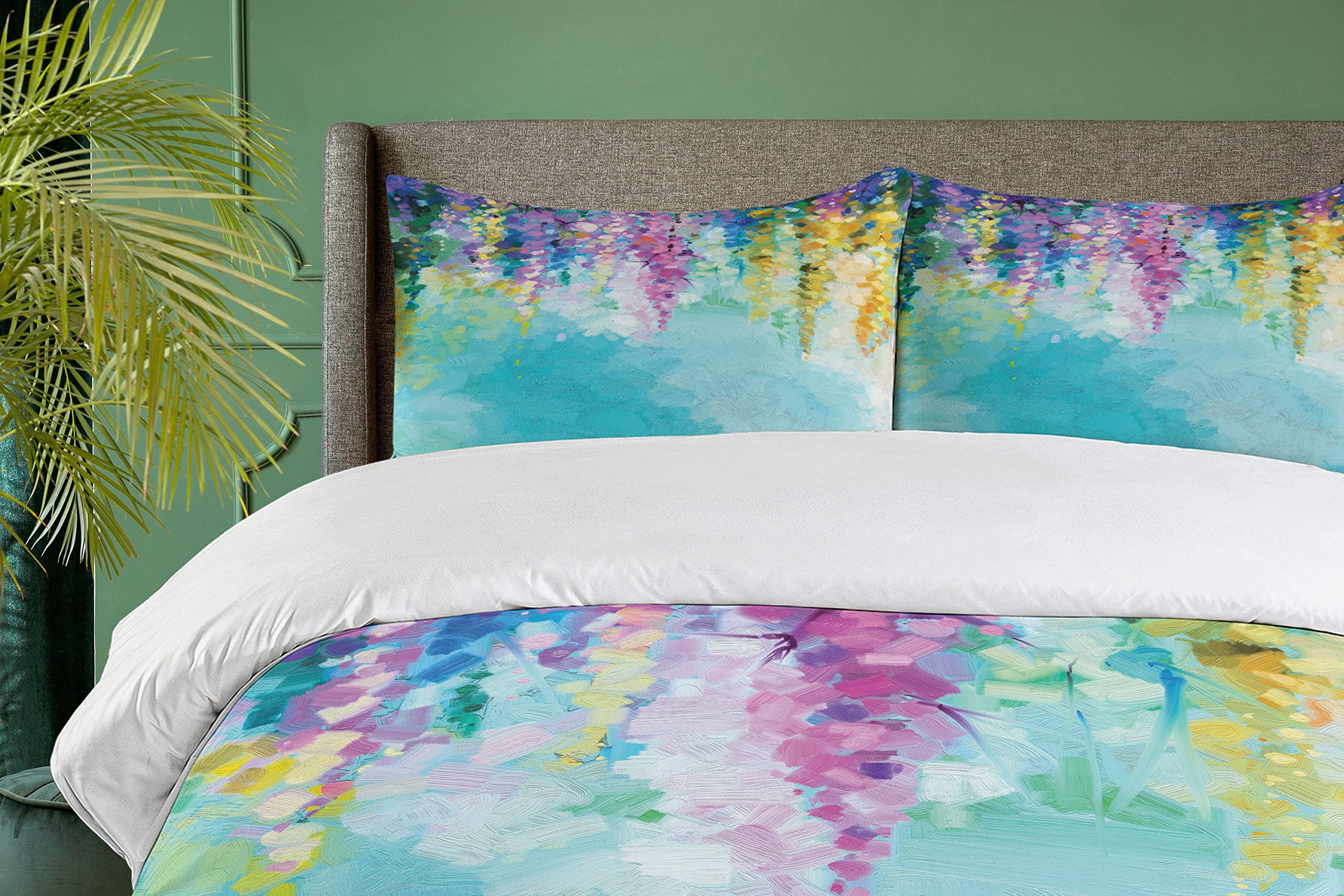 Ambesonne Flower Duvet Cover Set, Abstract Ivy Romantic and Landscape Spring Floral Art Nature Theme, Decorative 3 Piece Bedding Set with 2 Pillow Shams, King Size, Turquoise Purple