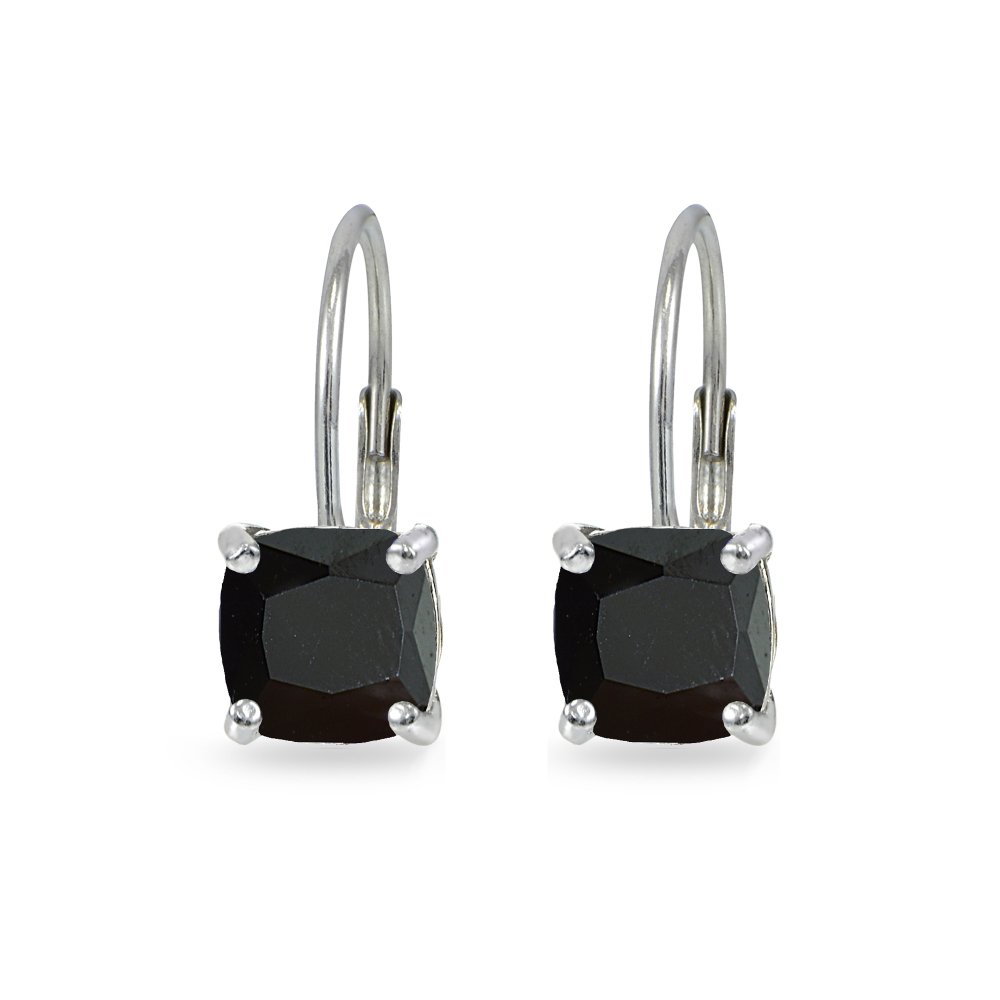 Sterling Silver Black Cubic Zirconia Cushion-cut 7x7mm Leverback Earrings