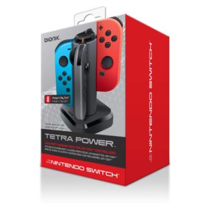 bionik tetra power - nintendo switch joy con charging dock (4 controllers) with built-in cable adjustment system and led charge status indicators