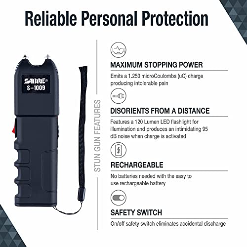 SABRE 2-in-1 Stun Gun with Flashlight and Anti-Grab Bar Technology, Painful 1.250 µC Charge, 120 Lumens, Rechargeable Battery, Safety Switch, Includes Wrist Strap and Belt Holster