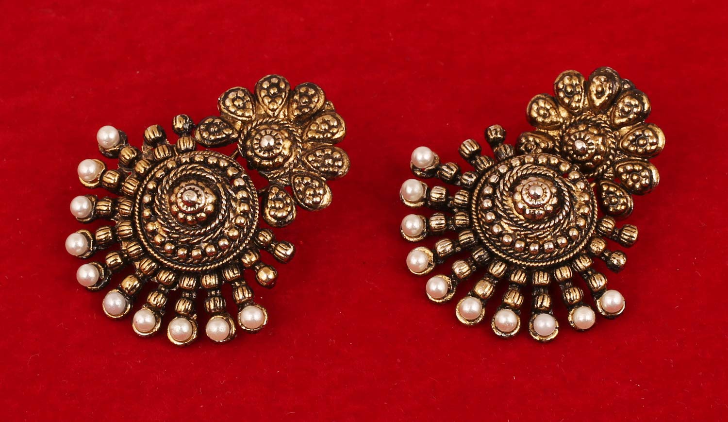 Touchstone Indian bollywood ancient southern gold jewelry inspired bridal jewelry earrings with faux pearls for women in antique tone and oxidized.