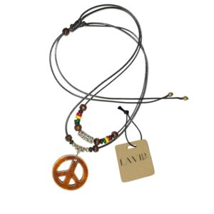 LAVIP Leather Peace Sign Pendant Double Layers Peace Symbol Brown Pendant Necklace Coconut wood Beads