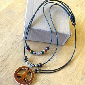 LAVIP Leather Peace Sign Pendant Double Layers Peace Symbol Brown Pendant Necklace Coconut wood Beads