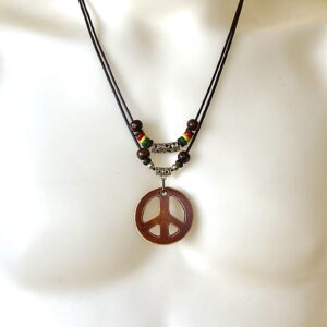 LAVIP Leather Peace Sign Pendant Double Layers Peace Symbol Brown Pendant Necklace Coconut wood Beads