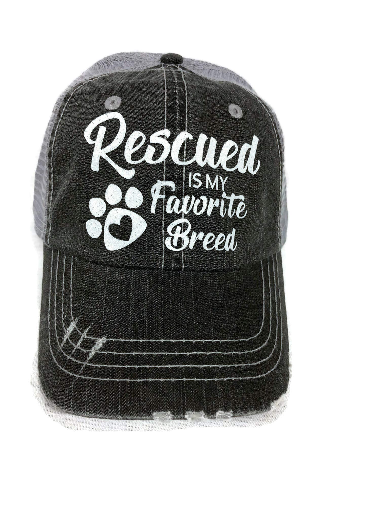 White Glitter Rescued is My Favorite Breed Grey Trucker Cap Pet Animal Dog Cat