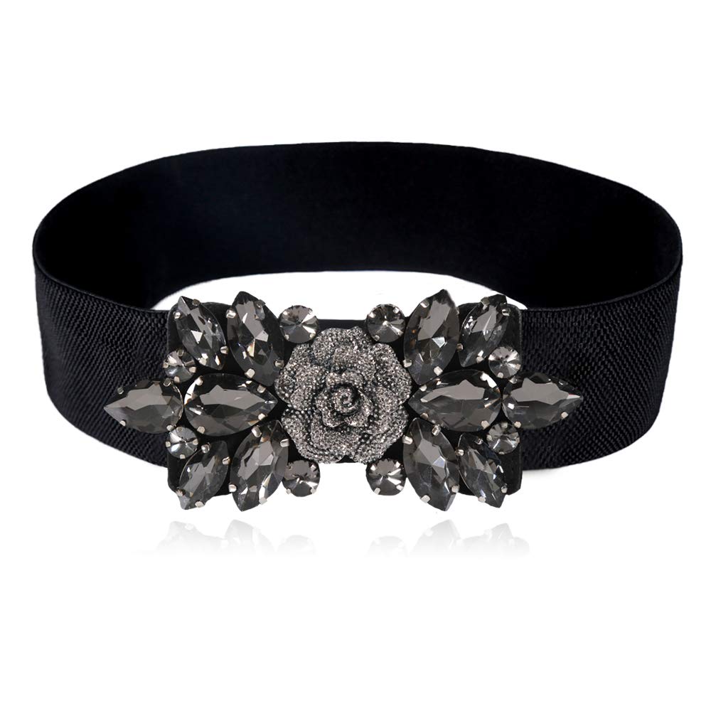 Dorchid Women Retro Belts Rhinestone Cummerbunds Floral Crystal Interlocking Waistband Stretch belt for Female (Black, S-M(26~31"))