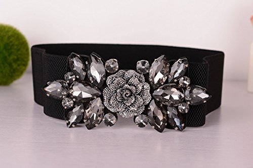 Dorchid Women Retro Belts Rhinestone Cummerbunds Floral Crystal Interlocking Waistband Stretch belt for Female (Black, S-M(26~31"))