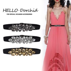 Dorchid Crystal Women Belts Thin Skiny Stretch Cummerbunds Rhinestone Cinch Elastic Slim Belts for Dresses Black S