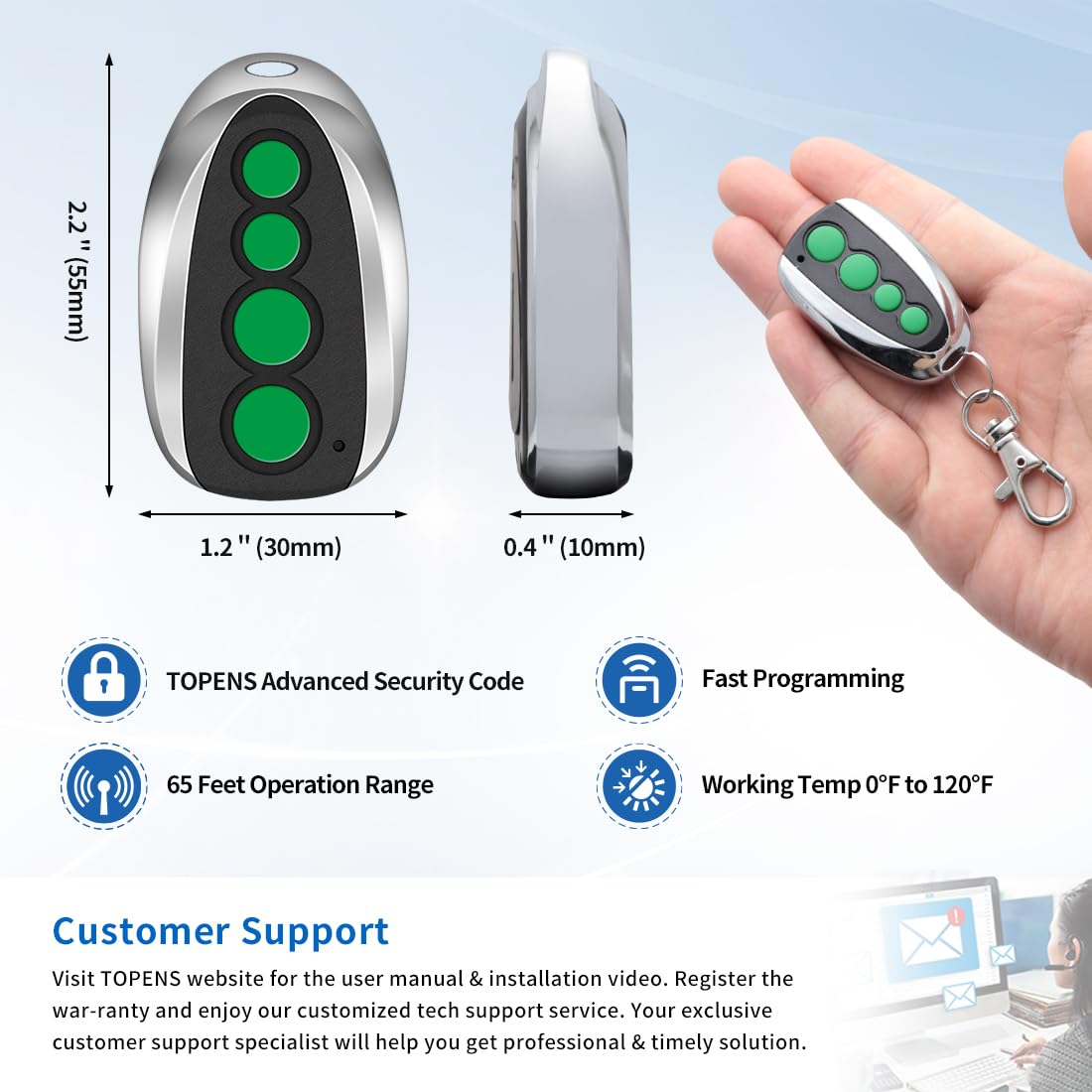 TOPENS M12 Remote Control 4-Button Transmitter for Automatic Swing Sliding Gate Opener 2-Pack Wireless Transmitter Key Fobs Security Gate Controller with Keychain