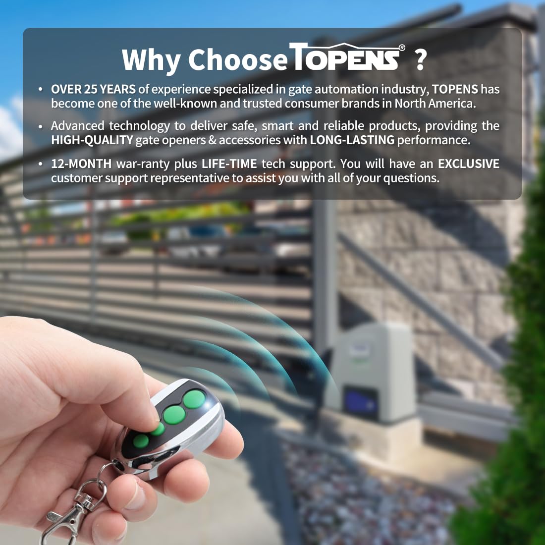 TOPENS M12 Remote Control 4-Button Transmitter for Automatic Swing Sliding Gate Opener 2-Pack Wireless Transmitter Key Fobs Security Gate Controller with Keychain