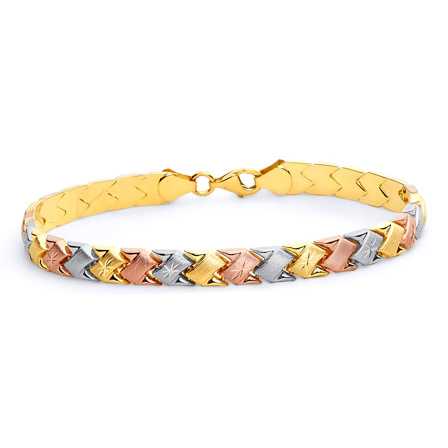 Wellingsale 14k Tri 3 Color Gold Polished Diamond Cut Stampato Bracelet with Lobster Claw Clasp - 7.25"