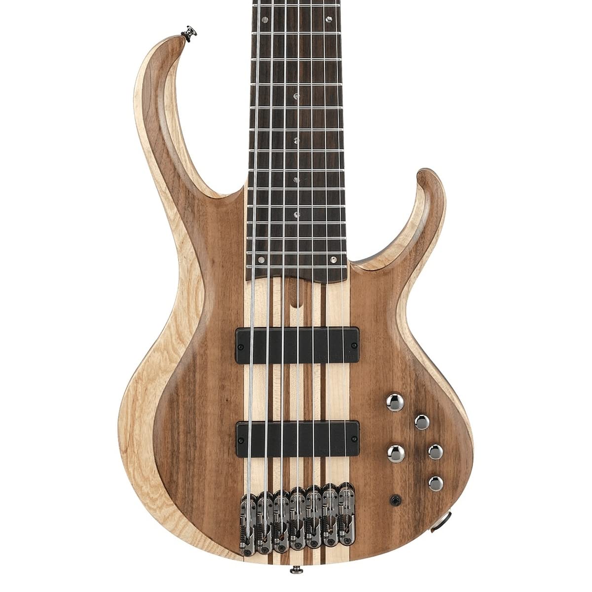 Ibanez BTB747 7 string Electric Bass Guitar with Mahogany-backed Ash Wings, Walnut Top2 Humbucking Pickups and 3-band Active EQ - Natural Flat Low Gloss