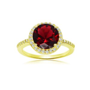 Ice Gems Yellow Gold Flashed Silver Simulated Garnet and Cubic Zirconia Round Halo Ring, Size 10