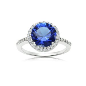 Ice Gems Sterling Silver Simulated Blue Sapphire and Cubic Zirconia Round Halo Ring, Size 5