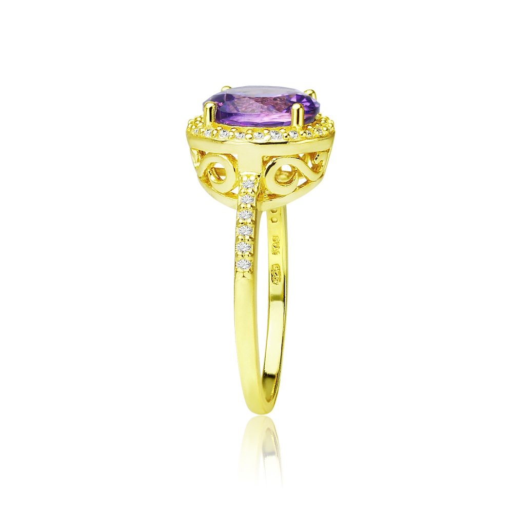 Ice Gems Yellow Gold Flashed Silver Simulated Amethyst and Cubic Zirconia Round Halo Ring, Size 9