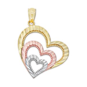 gold triple heart pendant charm- 10 karat gold - tri color heart jewelry charm - heart jewelry (style 1)