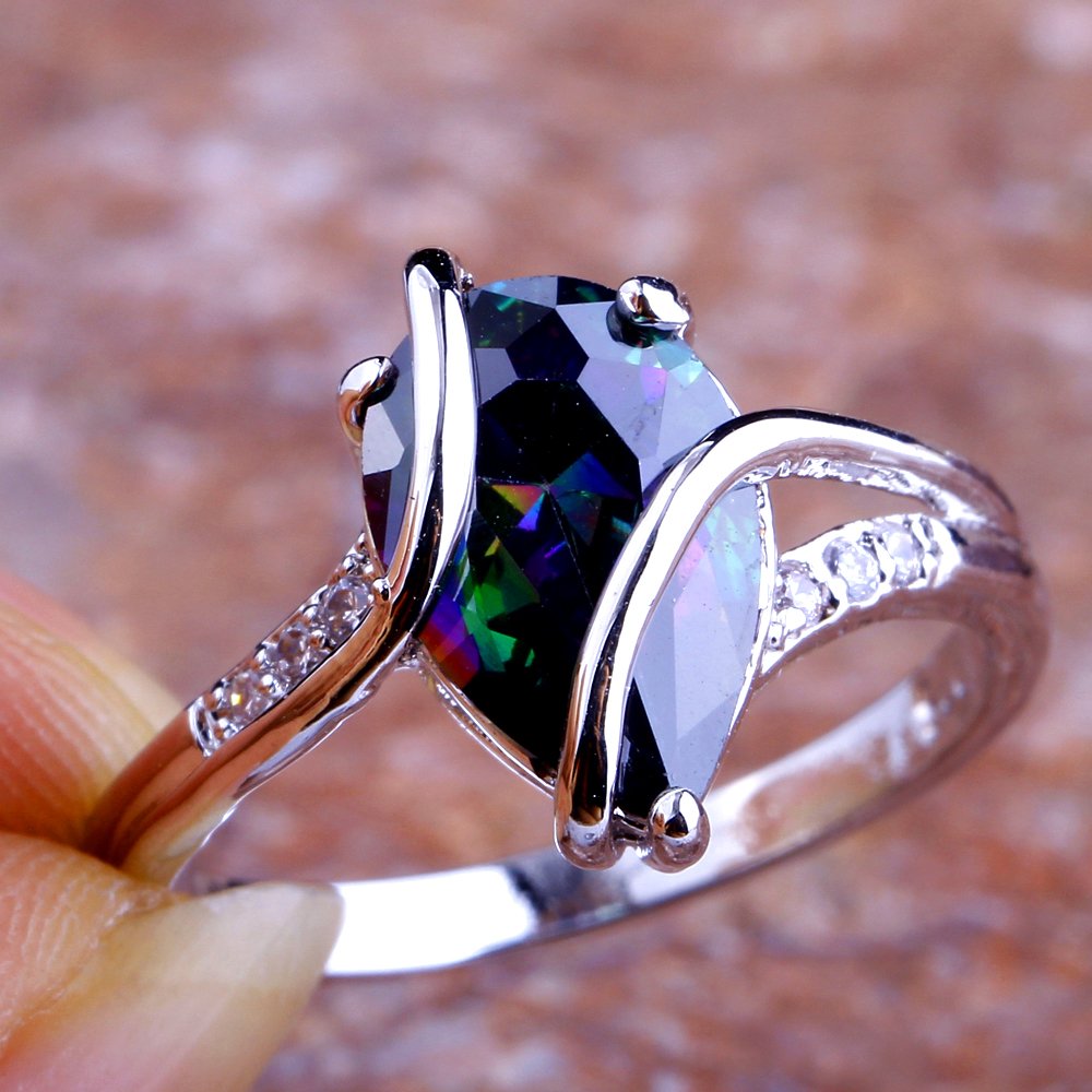 Psiroy 925 Sterling Silver Plated Simulated Rainbow Topaz Pear Shaped Promise Ring Size 8