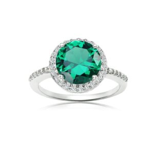 Ice Gems Sterling Silver Simulated Emerald and Cubic Zirconia Round Halo Ring, Size 8