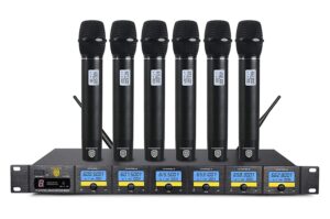 proreck mx66 6-channel uhf wireless microphone system with 6 hand-held microphones karaoke machine for party/wedding/church/conference/speech