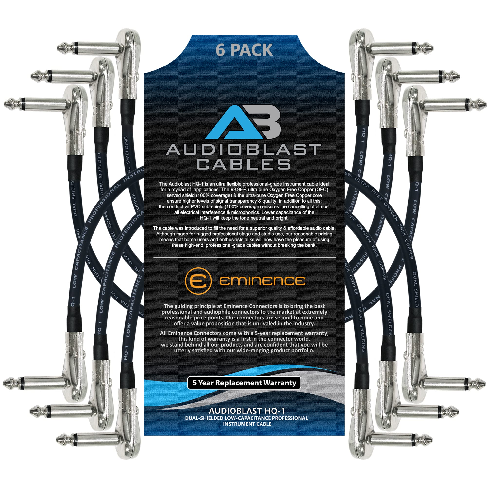 6 Units - 6 Inch - Audioblast HQ-1 - Ultra Flexible - Dual Shielded (100%) - Instrument Effects Pedal Patch Cable w/ ¼ inch (6.35mm) Low-Profile, R/A Pancake Type TS Connectors & Dual Staggered Boots