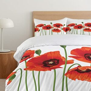 Ambesonne Floral Duvet Cover Set, Poppies of Spring Season Pastoral Flowers Botany Bouquet Field Nature Theme Art, Decorative 3 Piece Bedding Set with 2 Pillow Shams, Queen Size, Red and Green