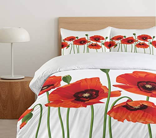 Ambesonne Floral Duvet Cover Set, Poppies of Spring Season Pastoral Flowers Botany Bouquet Field Nature Theme Art, Decorative 3 Piece Bedding Set with 2 Pillow Shams, Queen Size, Red and Green