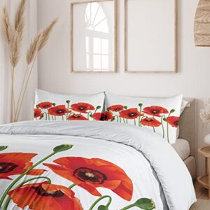 Ambesonne Floral Duvet Cover Set, Poppies of Spring Season Pastoral Flowers Botany Bouquet Field Nature Theme Art, Decorative 3 Piece Bedding Set with 2 Pillow Shams, Queen Size, Red and Green