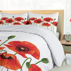 Ambesonne Floral Duvet Cover Set, Poppies of Spring Season Pastoral Flowers Botany Bouquet Field Nature Theme Art, Decorative 3 Piece Bedding Set with 2 Pillow Shams, Queen Size, Red and Green