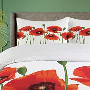 Ambesonne Floral Duvet Cover Set, Poppies of Spring Season Pastoral Flowers Botany Bouquet Field Nature Theme Art, Decorative 3 Piece Bedding Set with 2 Pillow Shams, Queen Size, Red and Green