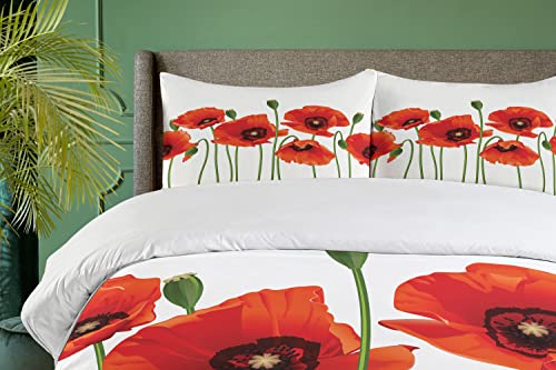 Ambesonne Floral Duvet Cover Set, Poppies of Spring Season Pastoral Flowers Botany Bouquet Field Nature Theme Art, Decorative 3 Piece Bedding Set with 2 Pillow Shams, Queen Size, Red and Green