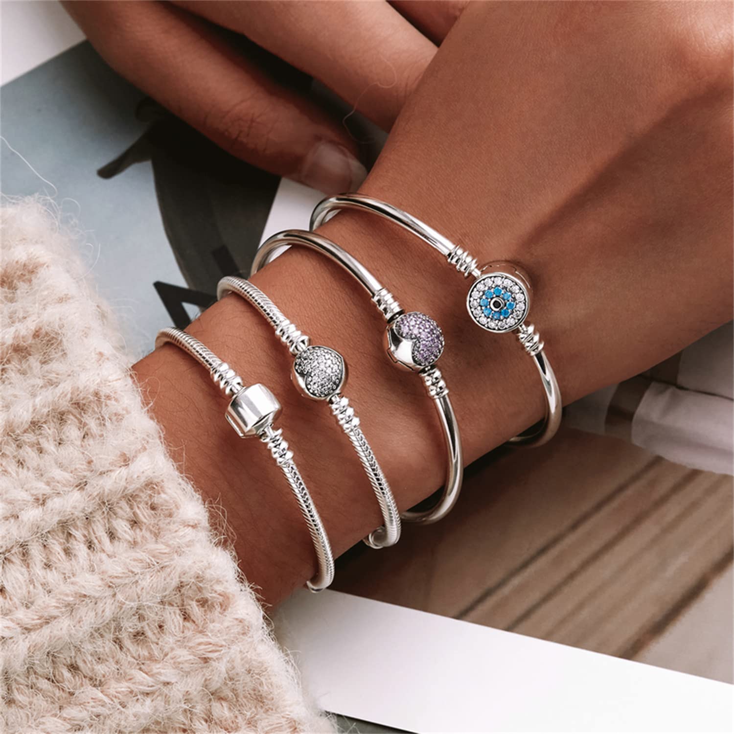 BISAER Evil Eye Bracelet Sterling Silver Clasp Charm Bangle Bracelet for Bead Charms with Sapphire Gemstones Evil Eye Clip Lock Stopper(17/19cm/ 21cm)