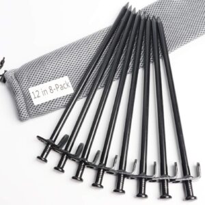 beefoor 12-inch tent stakes, heavy duty camping stakes, forged steel tent pegs unbreakable and inflexible, available in rocky place dessert snowfield and grassland 12in-8parks