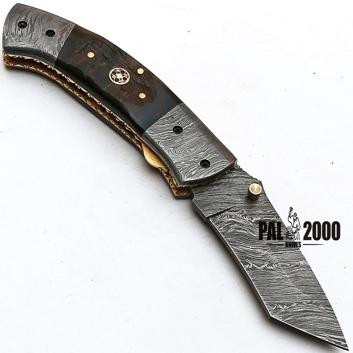 PAL 2000 KNIVES REG-8851 Custom Handmade Damascus Steel Folding Ram Handle Knife With Sheath