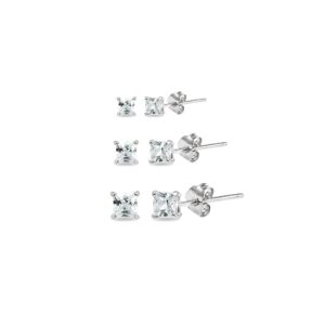 stud earrings for women sterling silver 2mm 3mm & 4mm cartilage princess square cz earring set for women men, 3-pair set