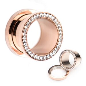 screw fit rose gold pvd plated with multigem clear cz wildklass plugs (6g)