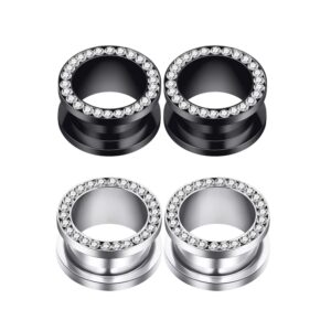 Longbeauty 4Pcs Black and Silver Stainless Steel with Zircon Stretcher Plugs Tunnels 0g