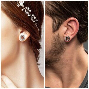 Longbeauty 4Pcs Black and Silver Stainless Steel with Zircon Stretcher Plugs Tunnels 0g