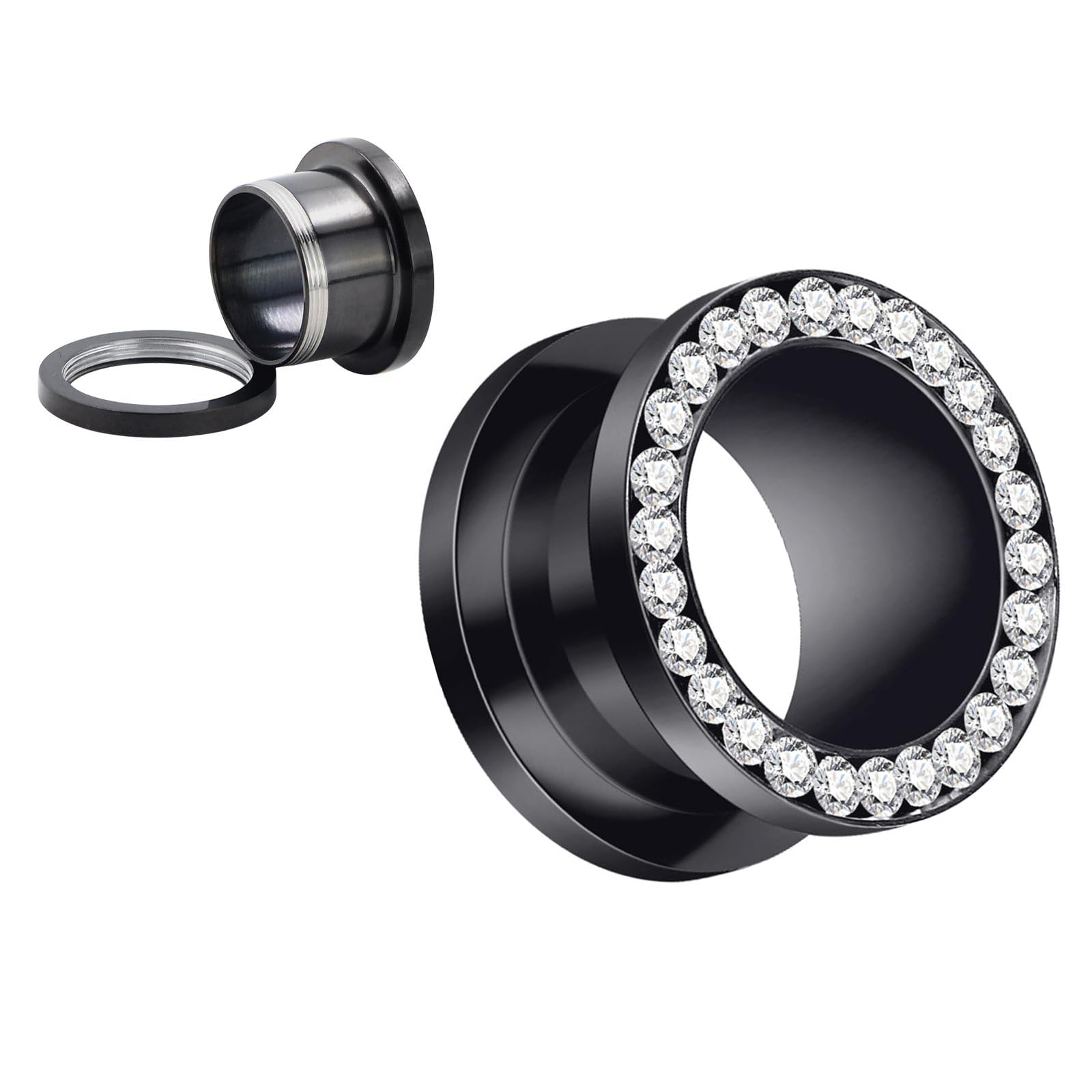 Longbeauty 4Pcs Black and Silver Stainless Steel with Zircon Stretcher Plugs Tunnels 0g