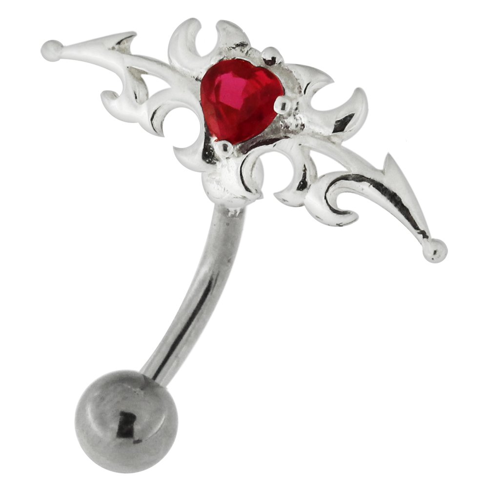 Clearance Sale!! Red Crystal Stone Heart Tribal Reverse Bar Design 925 Sterling Silver Belly Button Ring