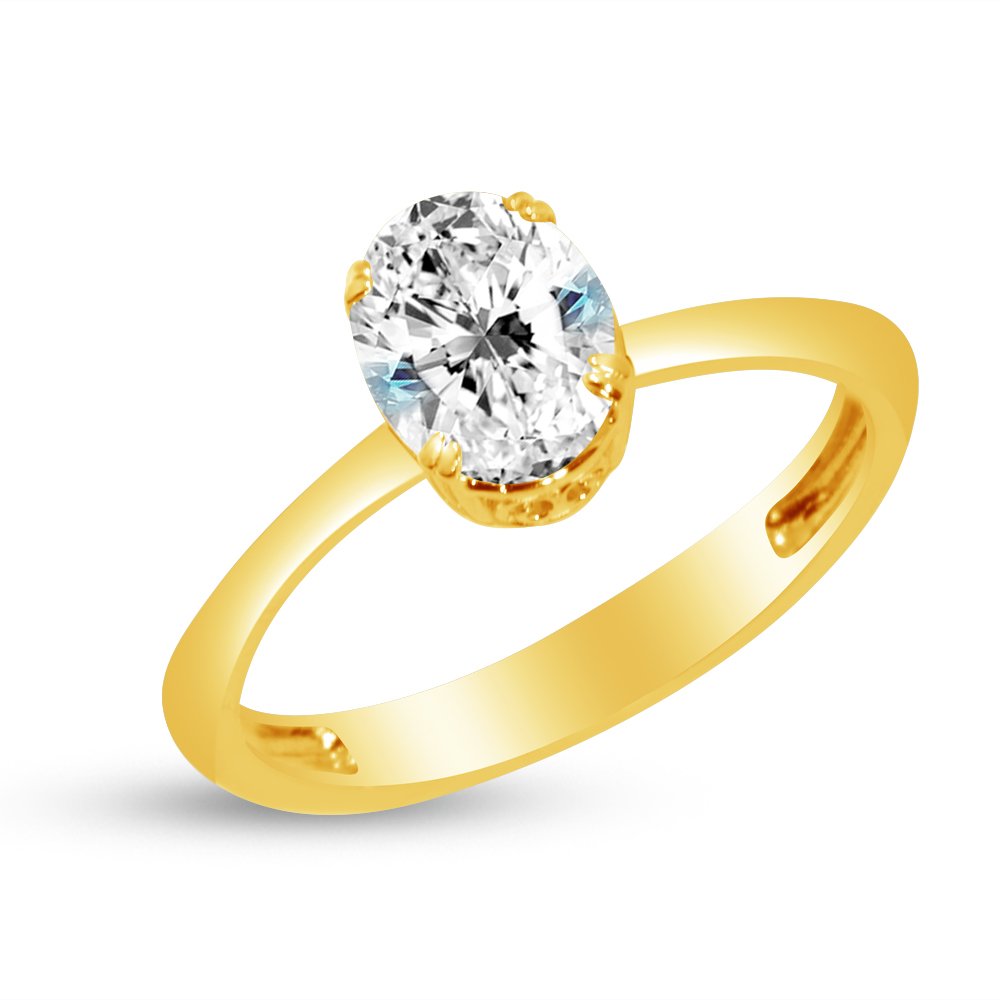 Size - 7 - Solid 14k Yellow Gold Oval Cut Thick Band Classic Solitaire Wedding Engagement Ring CZ Cubic Zirconia 1.50ct.