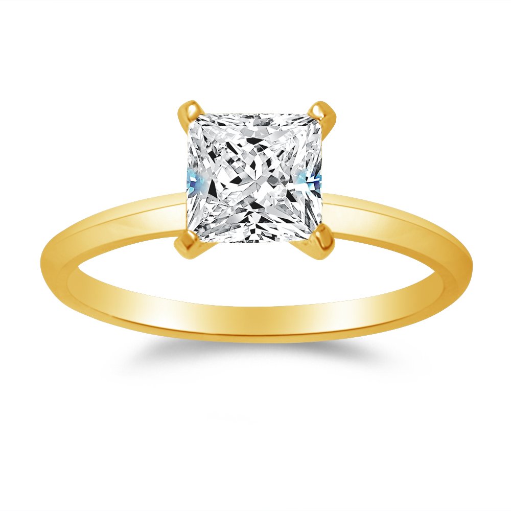 Size - 5.5 - Solid 14k Yellow Gold Princess Cut Knife-Edge Four Prong Solitaire Engagement Ring CZ Cubic Zirconia 1.0ct.