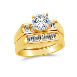 Size - 7 - Solid 14k Yellow Gold Round Cut Flat Bridal Engagement Ring & Wedding Band CZ Cubic Zirconia (2.0cttw., 1.0ct. Center)