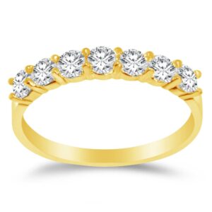 size - 9 - solid 14k yellow gold 3mm round cut seven stone prong set anniversary ring wedding band cz cubic zirconia 1/2 cttw.