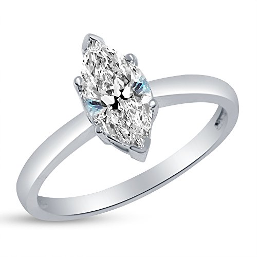 Size - 5 - Solid 14k White Gold Marquise Cut One Solitaire Wedding Engagement Ring CZ Cubic Zirconia 1.0ct.