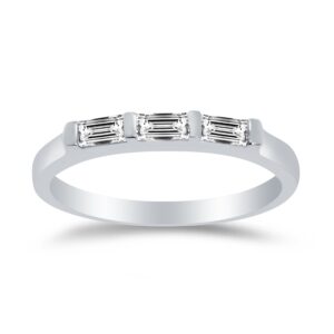 Size - 7 - Solid 14k White Gold 2mm Baguette Cut Three Stone Anniversary Ring Wedding Band CZ Cubic Zirconia 1/2 cttw.