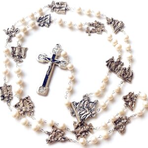 elegantmedical Stations of the Cross Prayer Rosary Real White Pearl Beads Necklace Catholic Gifts Box