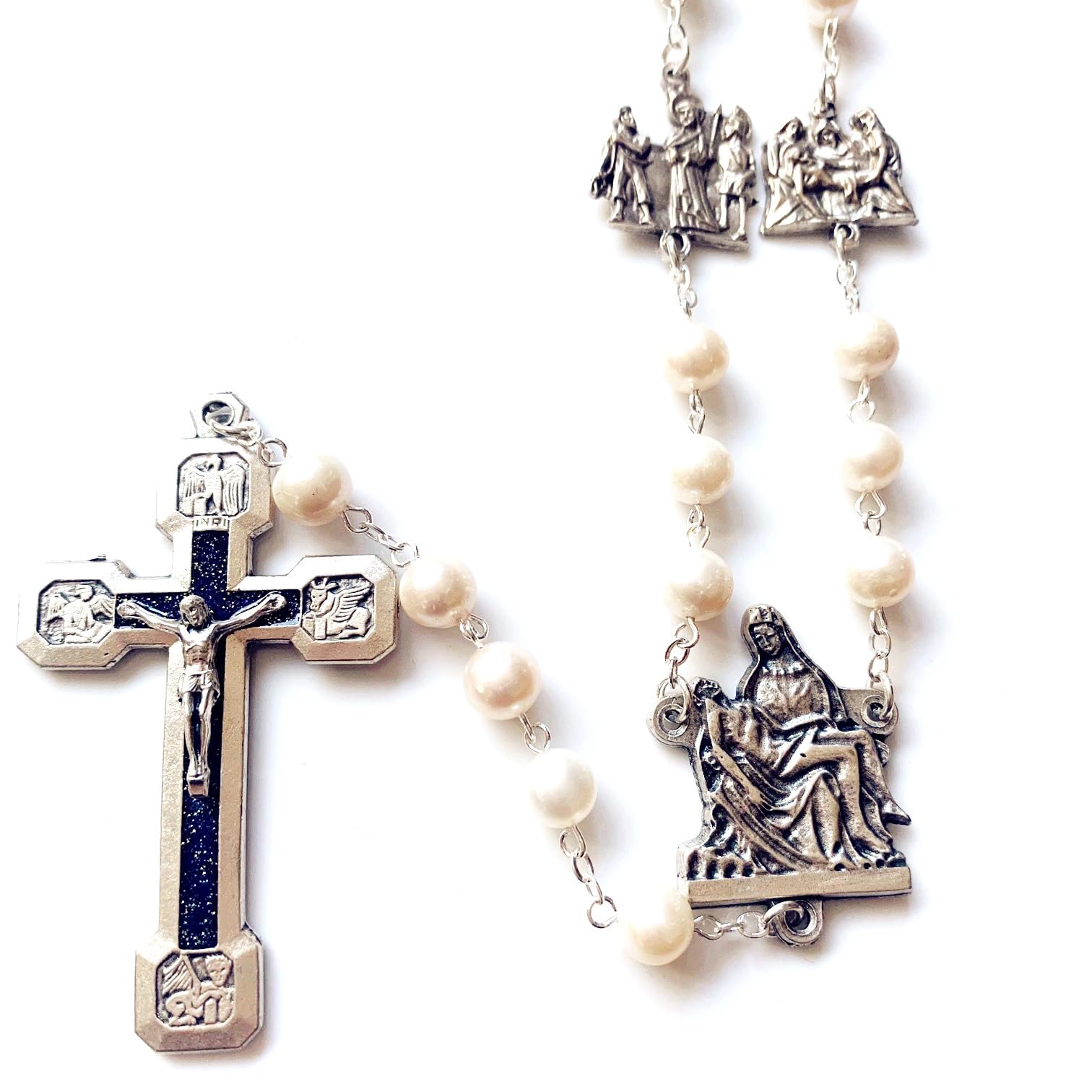 elegantmedical Stations of the Cross Prayer Rosary Real White Pearl Beads Necklace Catholic Gifts Box